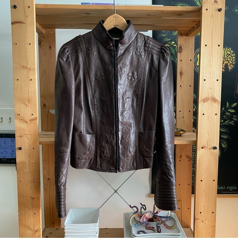 Elie Tahari Brown Floral Embroidered Embellished Leather Moto Jacket - Picture 2 of 16